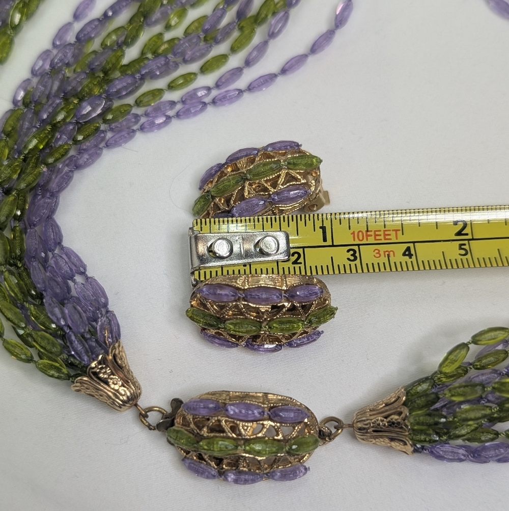 Vintage Purple And Green Statement Necklace & Earrings Set - Estate Jewelry - Picture 9 of 10